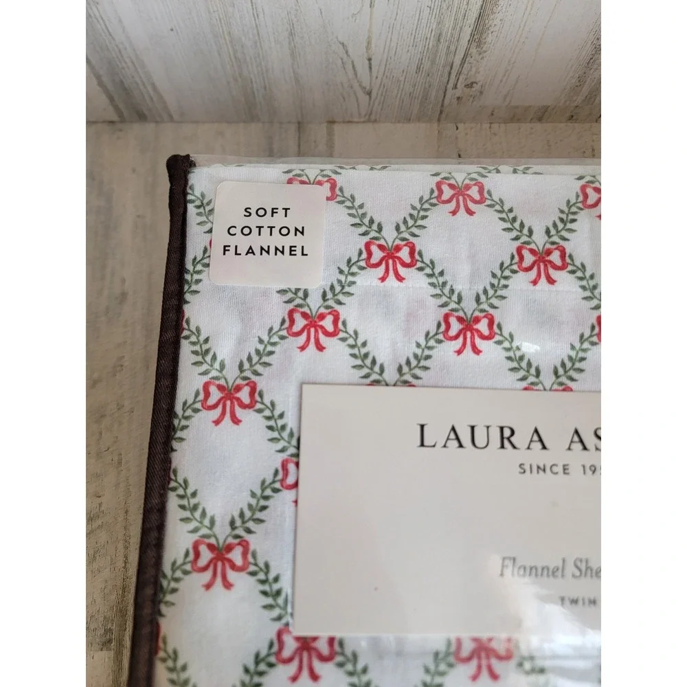 Laura‎ Ashley twin NEW bow trellis flannel bedsheet 3pc holiday Xmas home decor
